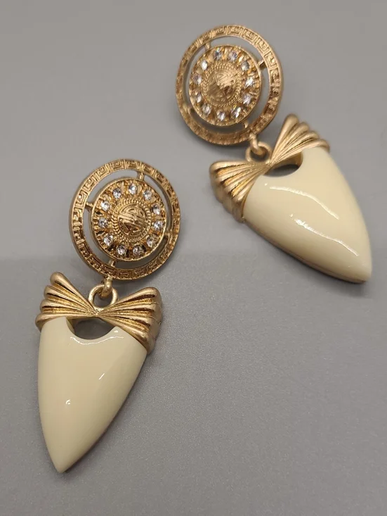 Vintage Estate Givenchy Cream Enamel Crystal Greek Key Bow Gold Earrings - Picture 4 of 16